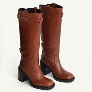 NWT ZARA Limited Edition Buckled Tall Leather Boots Brown Size 9 High Block Heel
